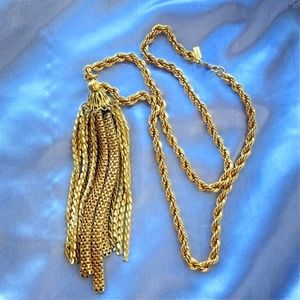 Monet Fringe Tassel pendant rope Necklace Chunky Gold Tone Vintage Rope chain